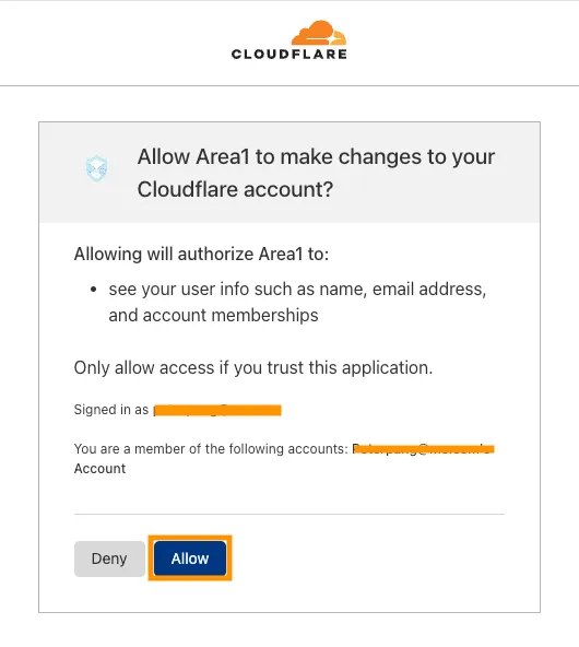 Select Allow to make changes to your Cloudflare account