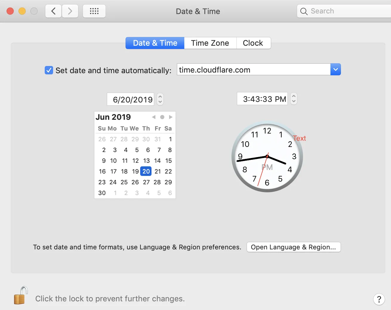 Screenshot of updating the Date & Time settings on machine running macOS