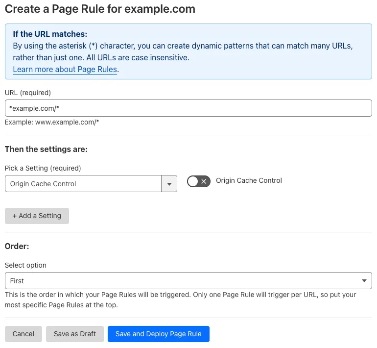 Example Page Rule with 'Origin Cache Control' setting